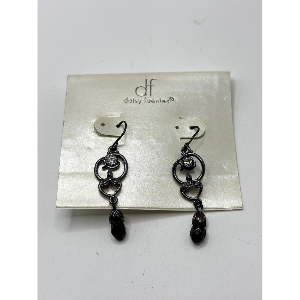 Daisy Fuentes Drop Earrings Womens OS Black Gunmetal Rhinestone Filigree Dangle